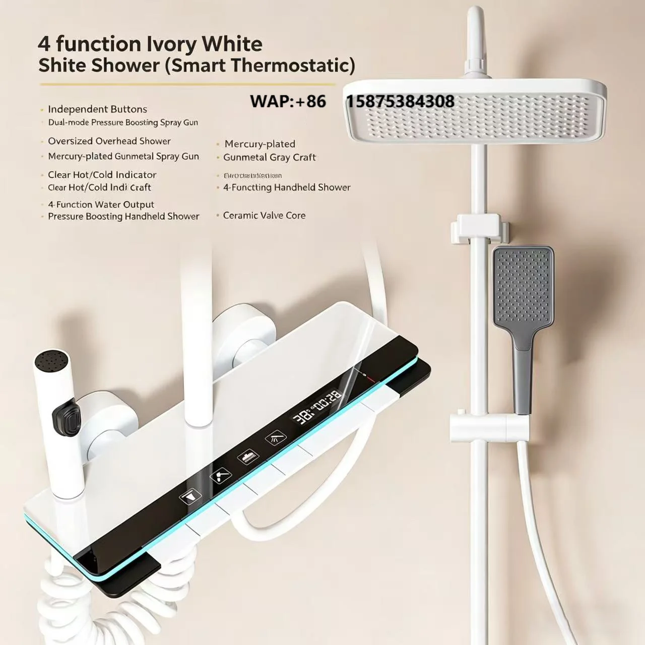 Digital Display Shower Set Hot/Cold Control LED Ambient Light Modern Design Polished Aluminum Soft Rain for Bathroom Faucet