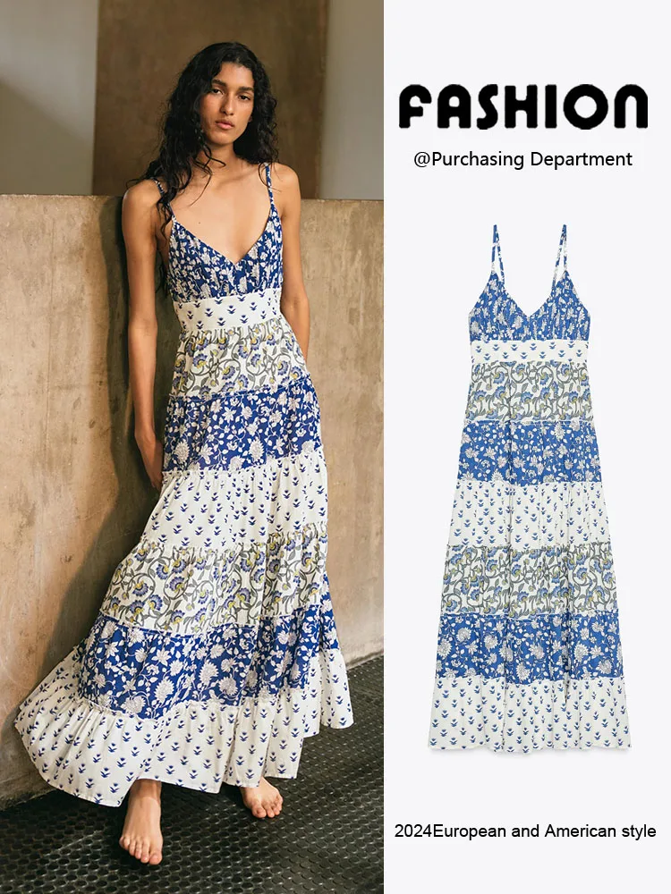 

Summer New Women's Dr ZA2025 Strapl Svel Patchwork Print Layered Design Stage Costume Ethnic Sle 2025
