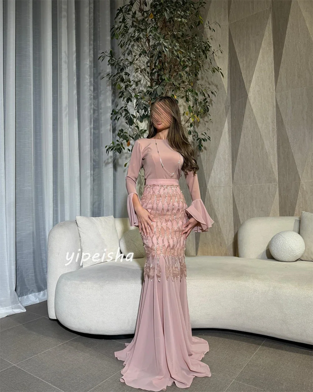 Customized Fashionable Elegant Chiffon Tassel Ruffle Cocktail Party Mermaid O-neck Custom Dress Long Skirt Dazzling Colorful Pe