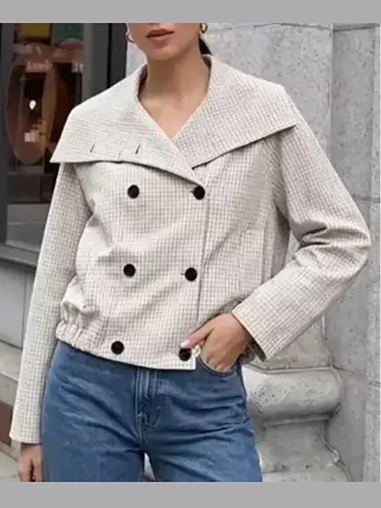 Lässiger Karierter Mantel mit Reverskragen für Damen, Eleganter Doppelreihiger Mantel mit Elastischem Bund, Langen Ärmeln, Locker Geschnittene Jacke, Herbst 2026 Alltags-Oberbekleidung – Detail 9