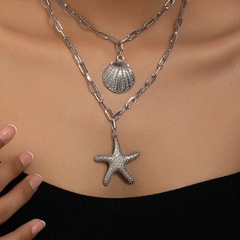 Obega 2 Layers Starfish Shell Pendant Necklace For Women Silver Color Bohemian Holiday Necklace Girls Cute Beach Jewelry