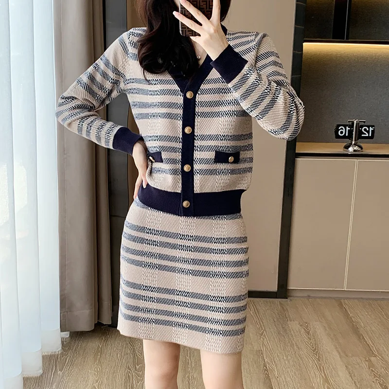 

Pink Knitted Dress Set Women's Autumn New Round Neck High Waist Long Sleeve Slim Sweater A-line Small Dress