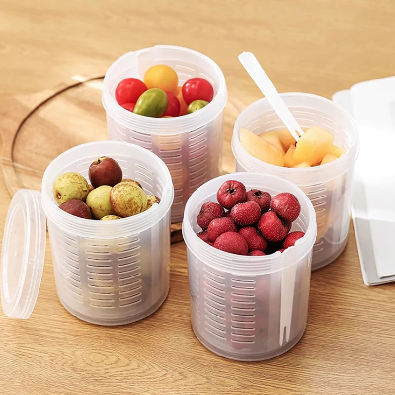 Portable Fruit Storage Box With Fork Double Layer Drain Sealed Fresh-Keeping Box Fruit Washing Box Salad Bowl For Home Kitchen