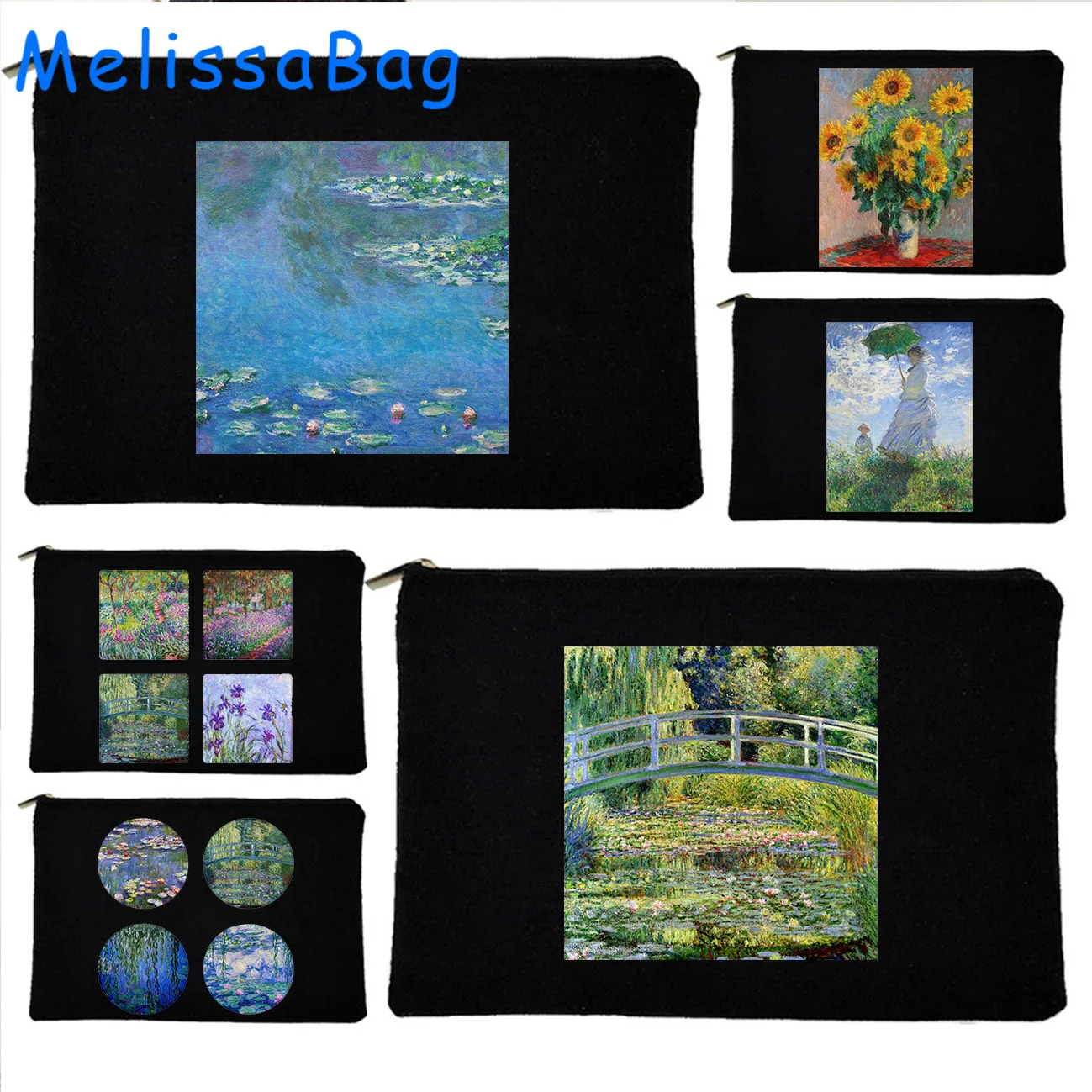 Claude Monet Water Lilies Painting Japanese Bridge Lilac Irises Sunflowers Canvas Cosmetic Bags Makeup Pencil Case Zipper Pouch