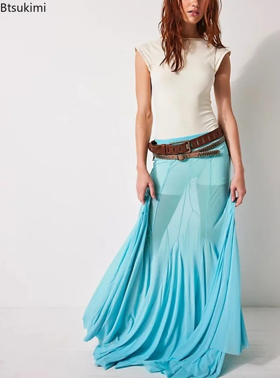 2025 New Fashionable Women’s Sexy Mesh Sheer Long Skirts Elastic High Waist Irregular Hem See-through Casual A-line Flowy Skirts