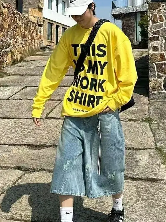 

Retro American Hole Waed Jeans orts Men Women Summer Loose Straight Leg Wide Leg Six Seven Medium Pants Trendy