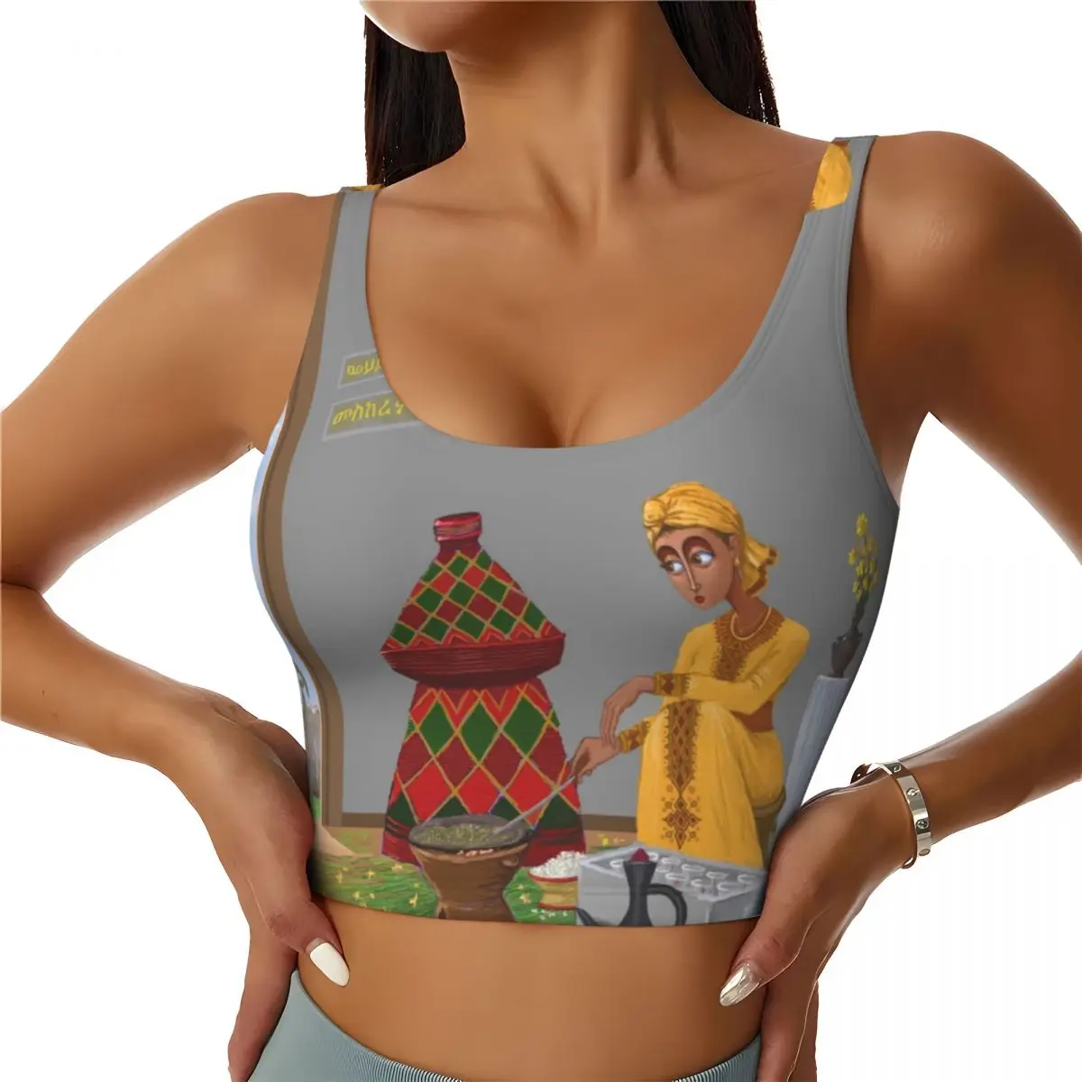 Custom Ethiopian New Year Sports Bra for Women Habesha Art High Impact Workout Yoga Crop Top