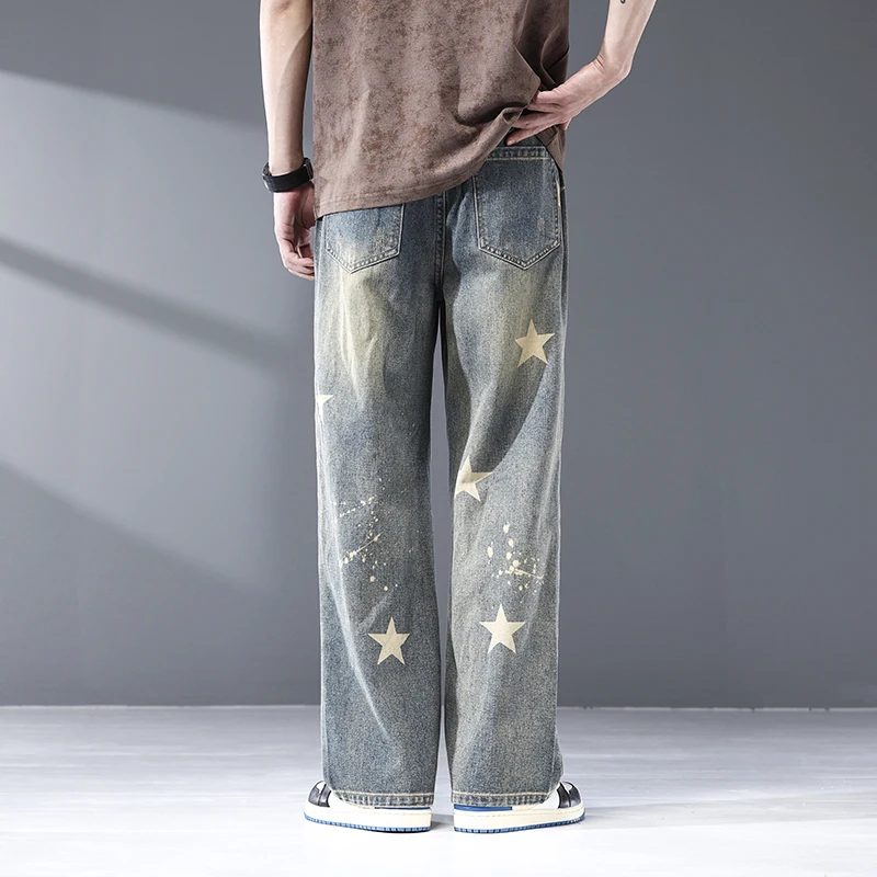 New Straight Leg Jeans For Men Fashionable Print Trendy Fit Nostalgic Wash Simple And Casual Hip-Hop Fashion Brand Elastic Denim