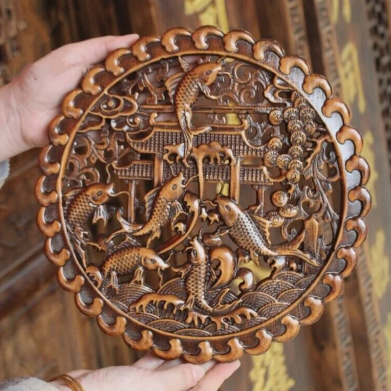 Wood Carved Carp Leaping Over Dragon Plaque - Feng Shui Wall Hanging Decor, Lucky Chinese Home Ornament
