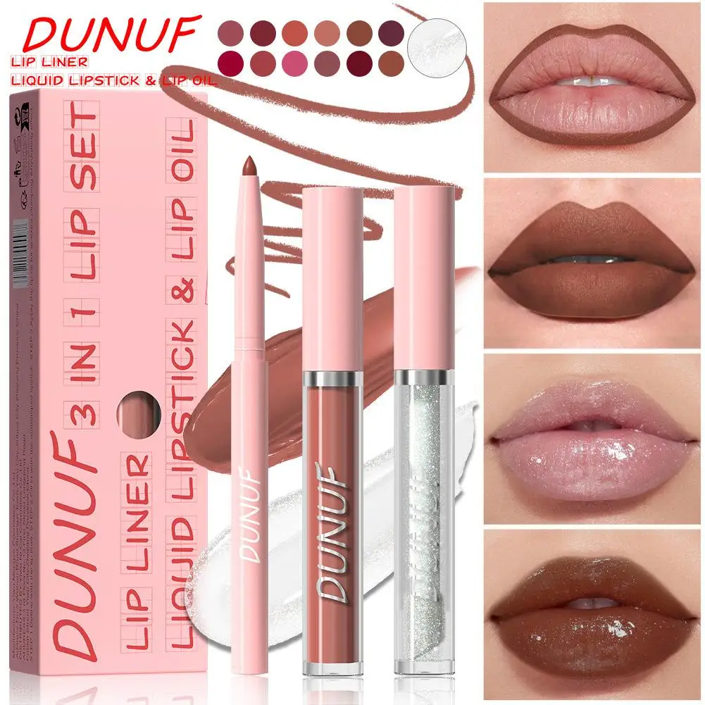 Matowa konturówka do ust 3 w 1 + błyszczyk + olejek do ust do makijażu, długa szminka Nude Lasting Highly Tint Pigmented Cup Velvet Non-stick S D9h2