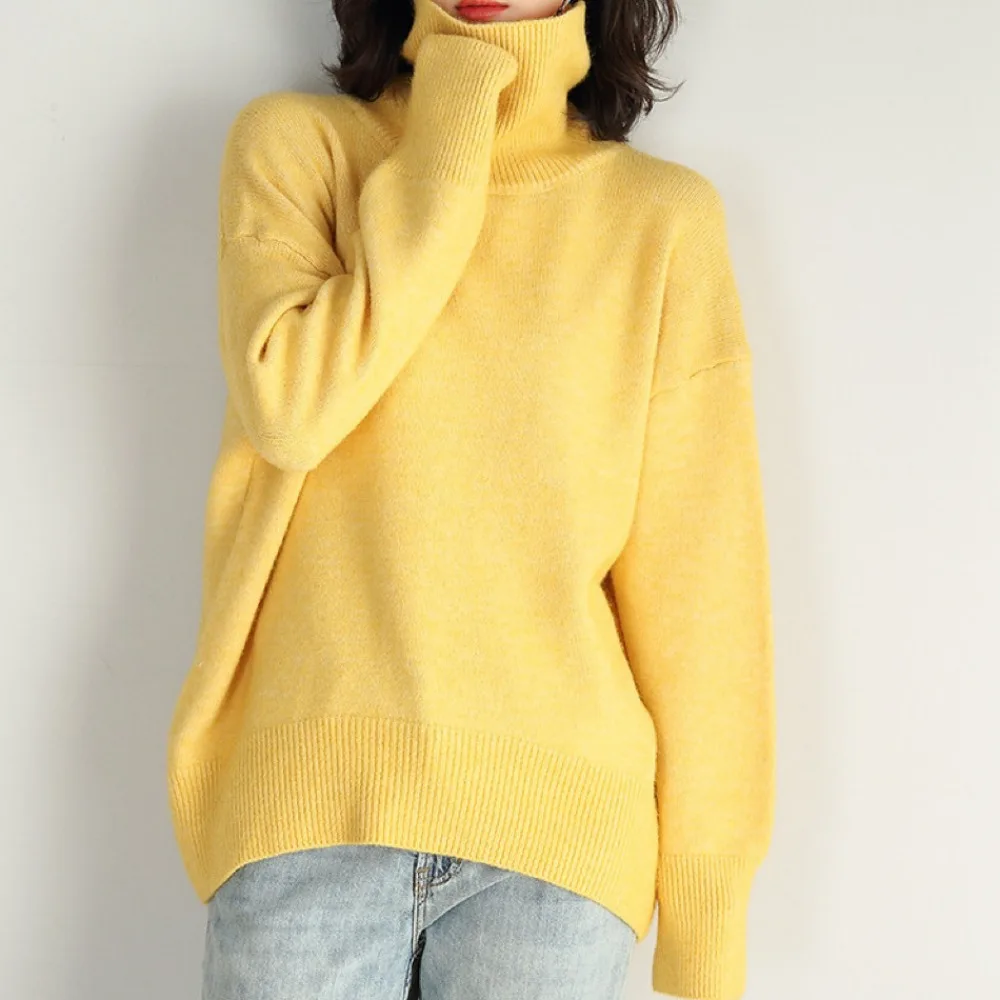 Solid Color High Neck Warm Knit Sweater Autumn and Winter Women\'s Classic Loose Casual Versatile Cotton Base Pullover Sweater