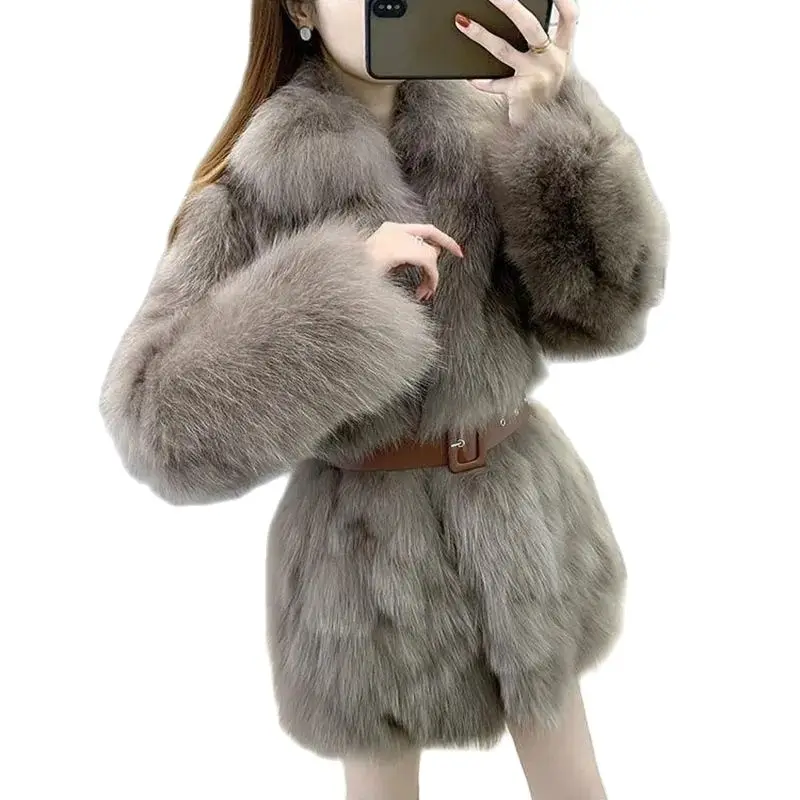 

Haining Fur Thick Coat Female Temperament Ladies Imitation Fox Fur 2023 Winter New Belt Mao Mao Coat Temperament Long Female.