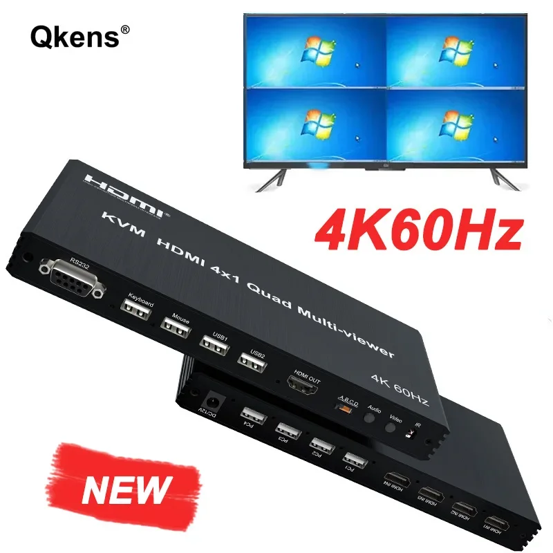 4K 60Hz HDMI KVM Multi-viewer 4x1 Multiviewer Quad Screen Display 4 in 1 Out Video Switcher support Keyboard , Mouse through PCs