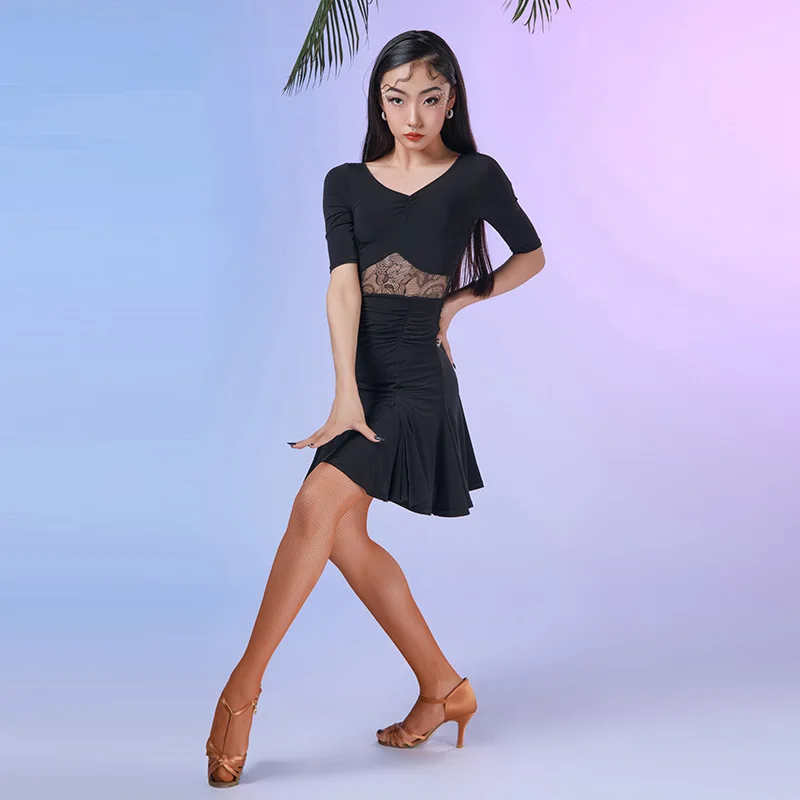 2026 소녀를위한 새로운 라틴 댄스 대회 드레스 반팔 블랙 드레스 삼바 차차 탱고 키즈 라틴 댄스 드레스 DQS21739