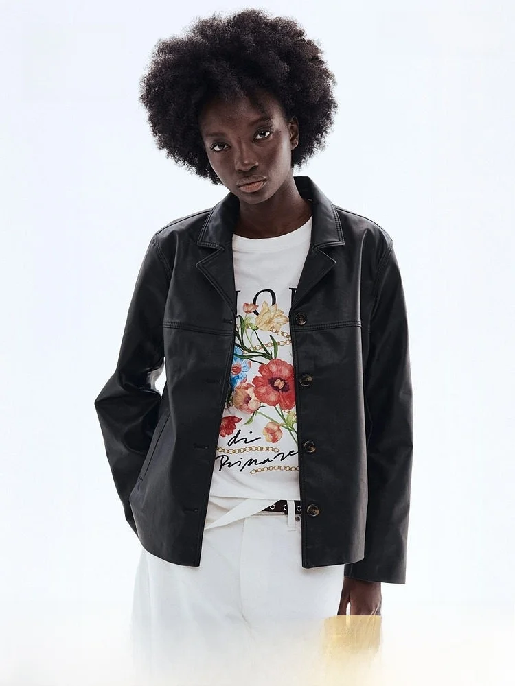 

H&M Summer New Women's Coated Jacket Simple Style PU Leather Coat Flip Collar Regular Length for Young And Middle-aged