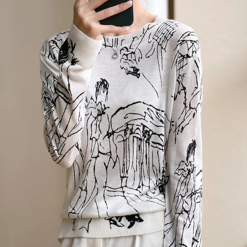 Graffiti Printing Worsted Thin Wool Short-Sleeved T-Shirt Fashion Summer New Women's Loose Vest Knitted Blouse