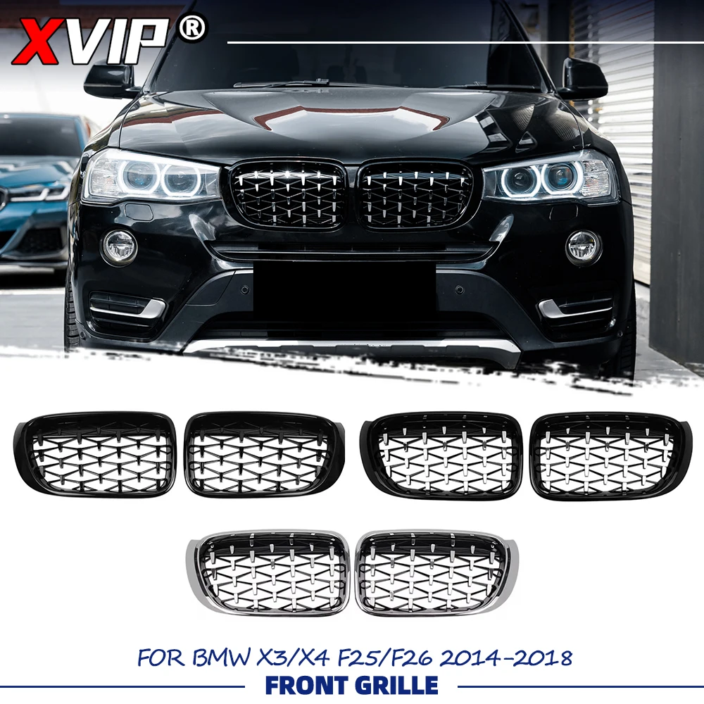 

Решетка радиатора XVIP Diamonds Style для BMW X3 F25 X4 F26 2014-2018, хромированная черная, замена передней решетки бампера