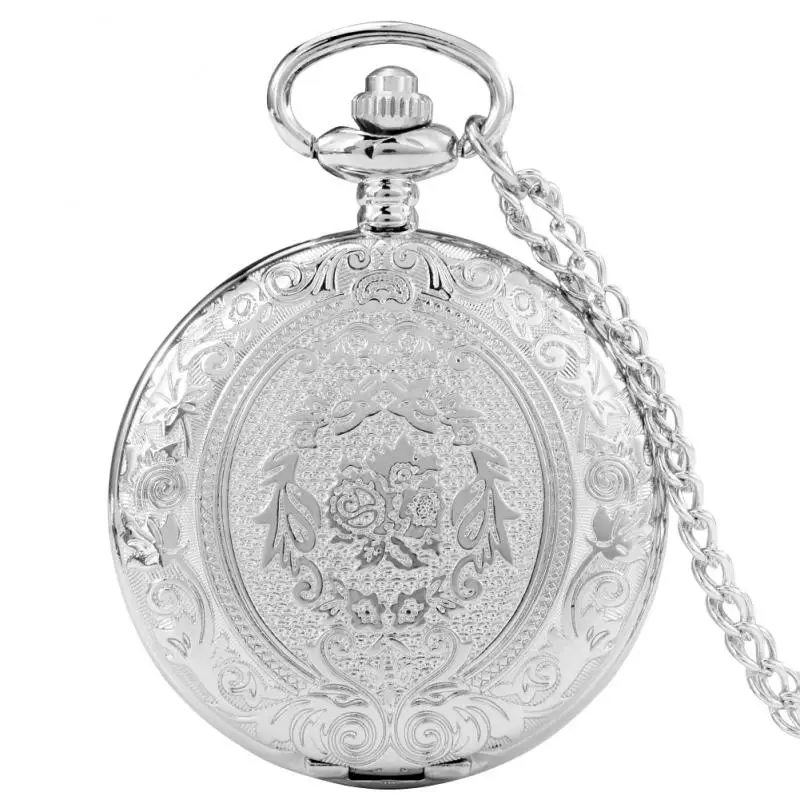 Men's Silver Quartz Engraved Floral Rattan Flowers Pocket Watch Vintage Arabic Numbers Chain Women's Pendant Thin Chain Gifts