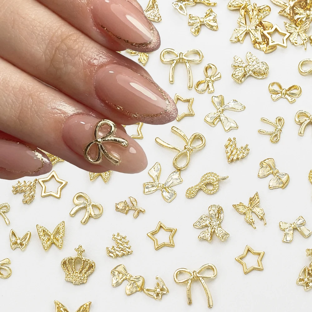 50pcs Hollow Out Gold Ribbon Bowknot Nail Rhinestones Random Metal Bow Butterfly Nail Charms Alloy Silver Luxury Manicure Jewelr