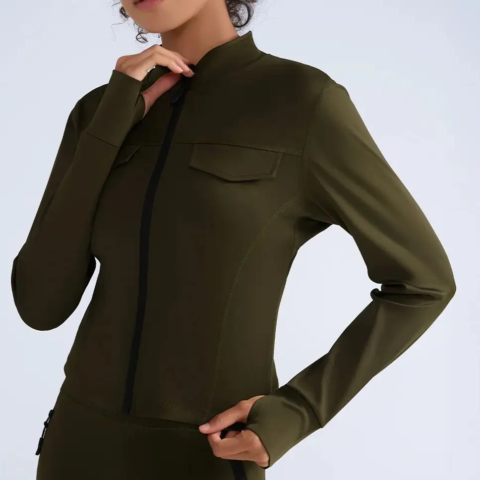 

Женское пальто на молнии с искусственным карманом для фитнеса, тонкая быстросохнущая спортивная куртка, тренировочная рубашка для бега, одежда для йоги, спортивный джек с длинными рукавами