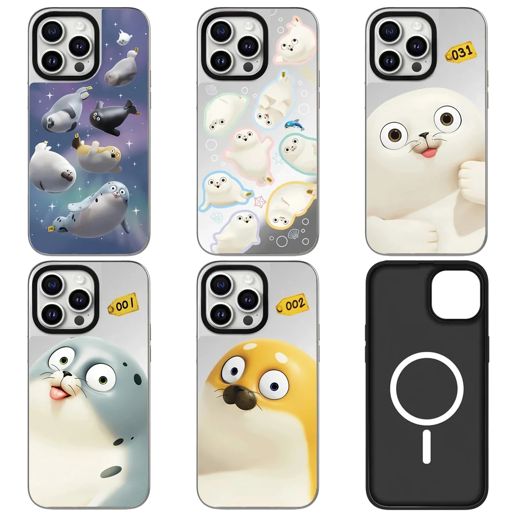 

Cartoon Seals Silver Border Mirror Surface IPhone 12 13 14 15 16 Pro Max Case - Protective IPhone Case
