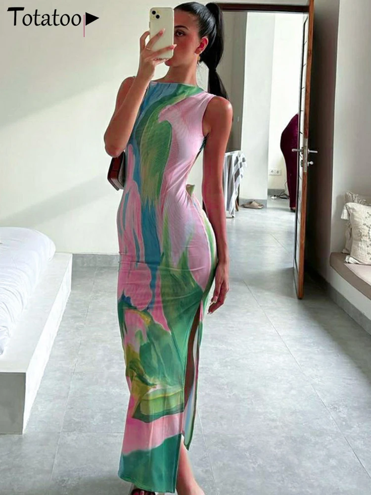 Totatoop Coloful Tie Dye Stampa Abito estivo per le donne 2024 Backless senza maniche Alta fasciatura divisa Abito lungo Beach Robe Ladies
