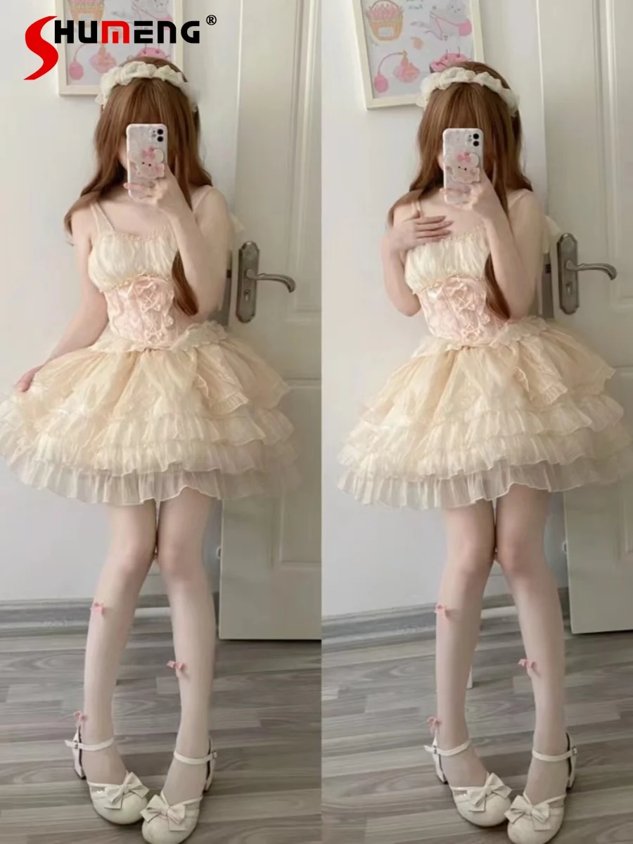 Lolita Puffy Skirt Suit Woman 2 Pieces Set 2024 Spring and Summer New Gentle Bandeau Sleeveless Sling Top and Cake Skirts Female