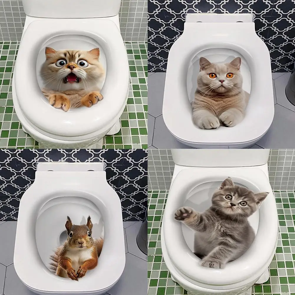 Funny 3D Cat Toilet Stickers DIY Water Resistant Wall Sticker Self-adhesive Toilet Seat Decals Bathroom Toilet Cover Sticker