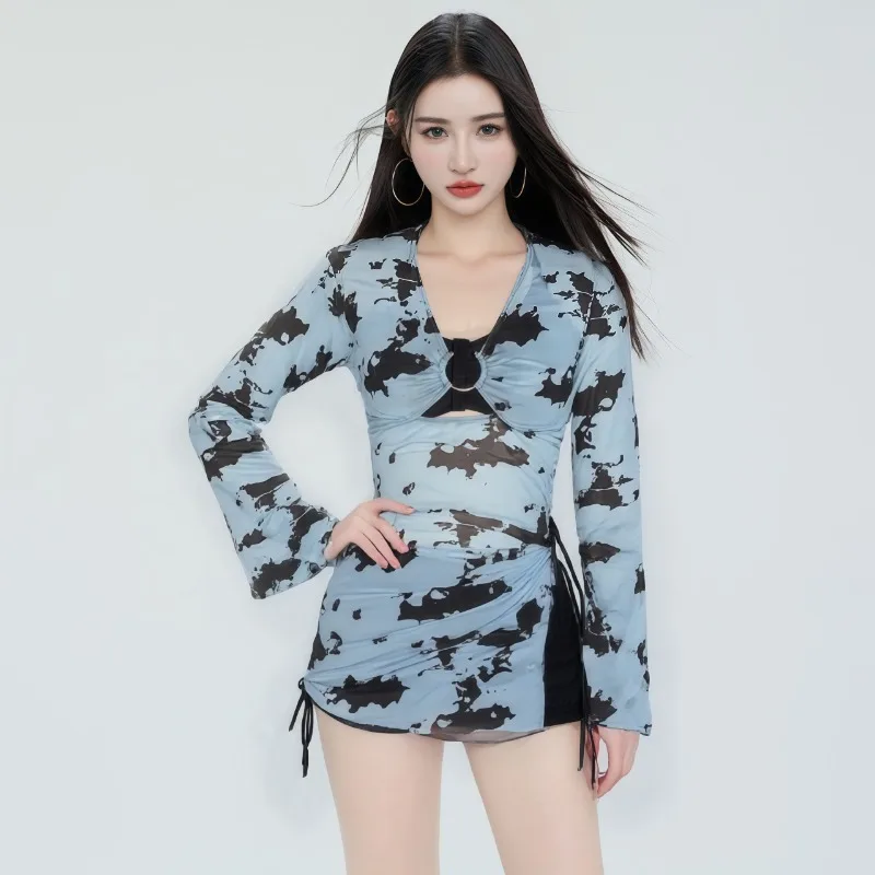 

2025 женский купальник из 3 предметов, комплект бикини с рубашкой с длинными рукавами, контроль живота, утягивающая пляжная одежда с защитой от ультрафиолета и принтом