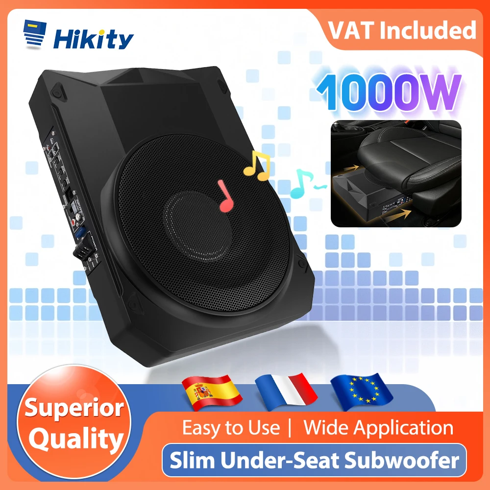 Hikity 800W 10 pouces Caisson de basses ultra-fin 12V sous le siège Audio de voiture Caisson de basses actif avec câble audio Processeur audio Lecteur de musique