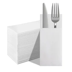 White Disposable Built-in Flatware Pocket Napkins,13x15.75inch,50PCS.Prefoled Eco-Friendly for Silverware,Wedding, Party,Events