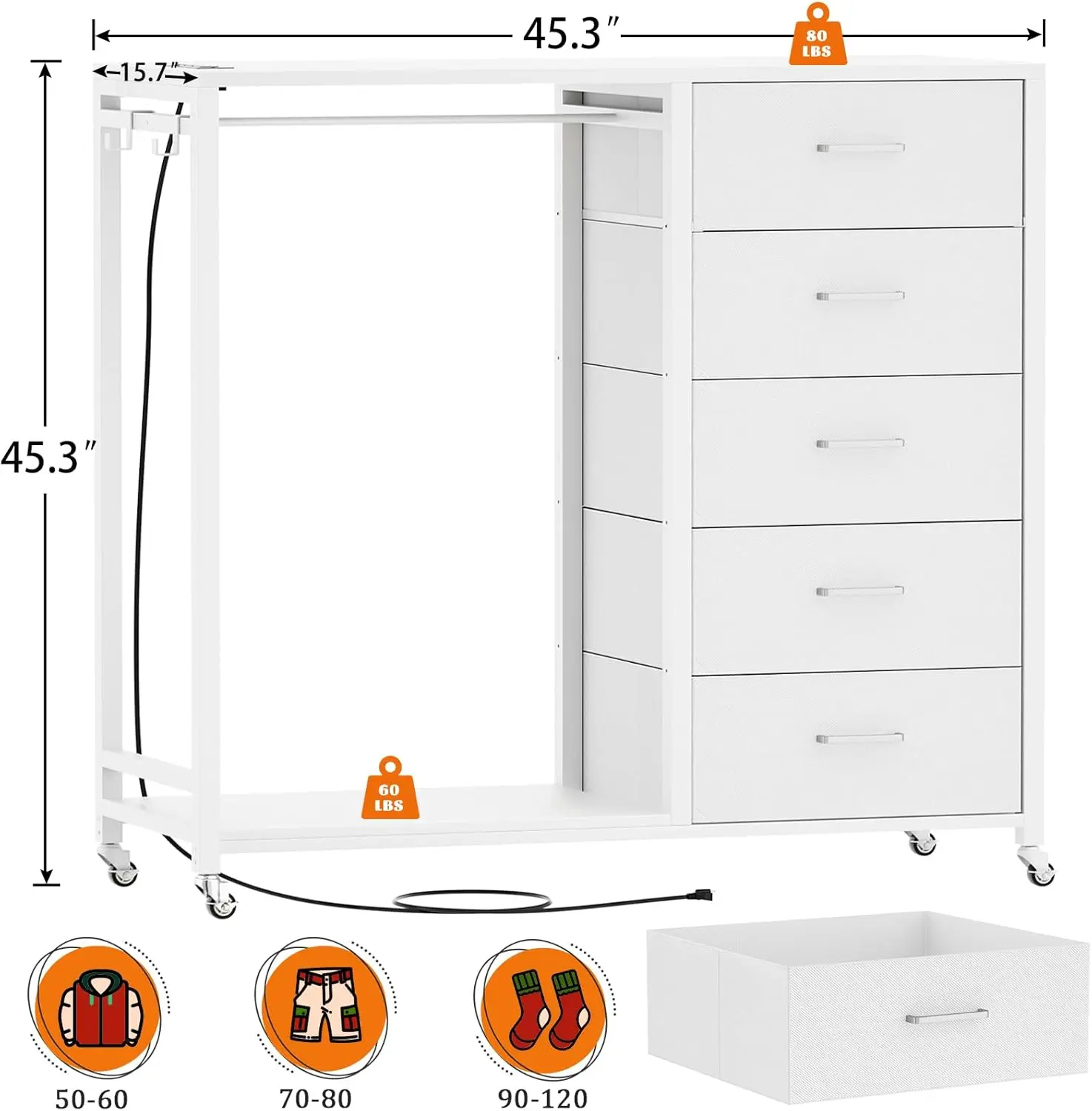 Dresser for Bedroom with Clothes Rack, 5 Drawers Dresser with Charging Station & LED Lights, White Storage Chest of Drawers with