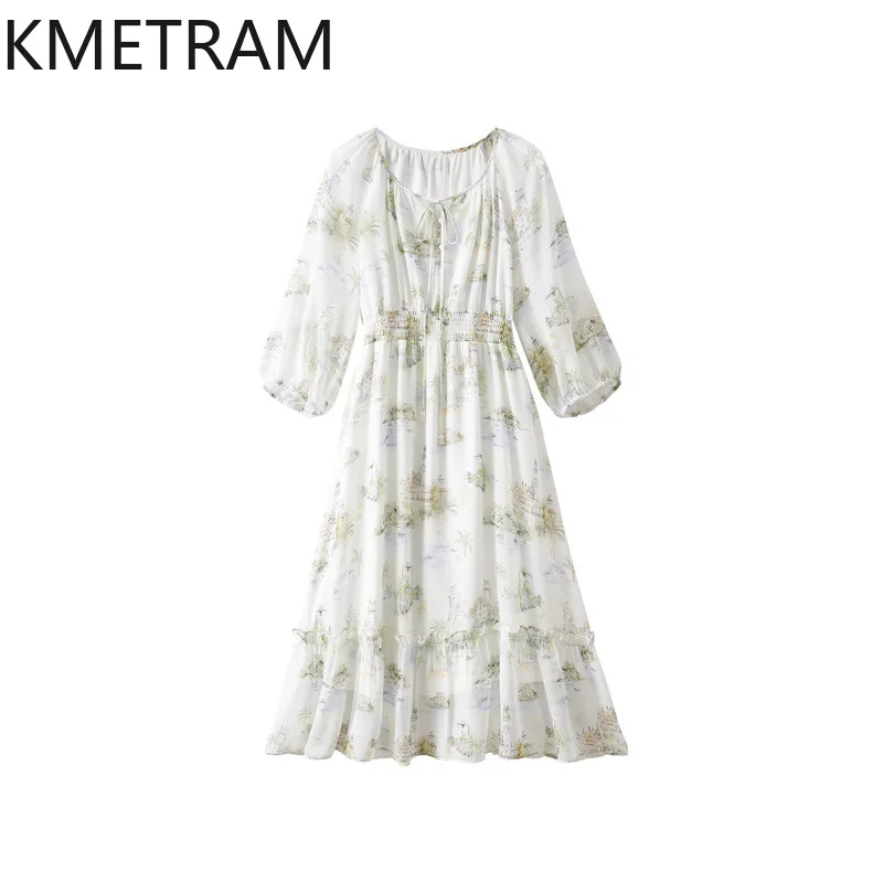 

KMETRAM French Fresh Silk Dress for Women 2024 Summer High-end Georgette Printed Platycodon Skirt Mid-length Women's Clothing