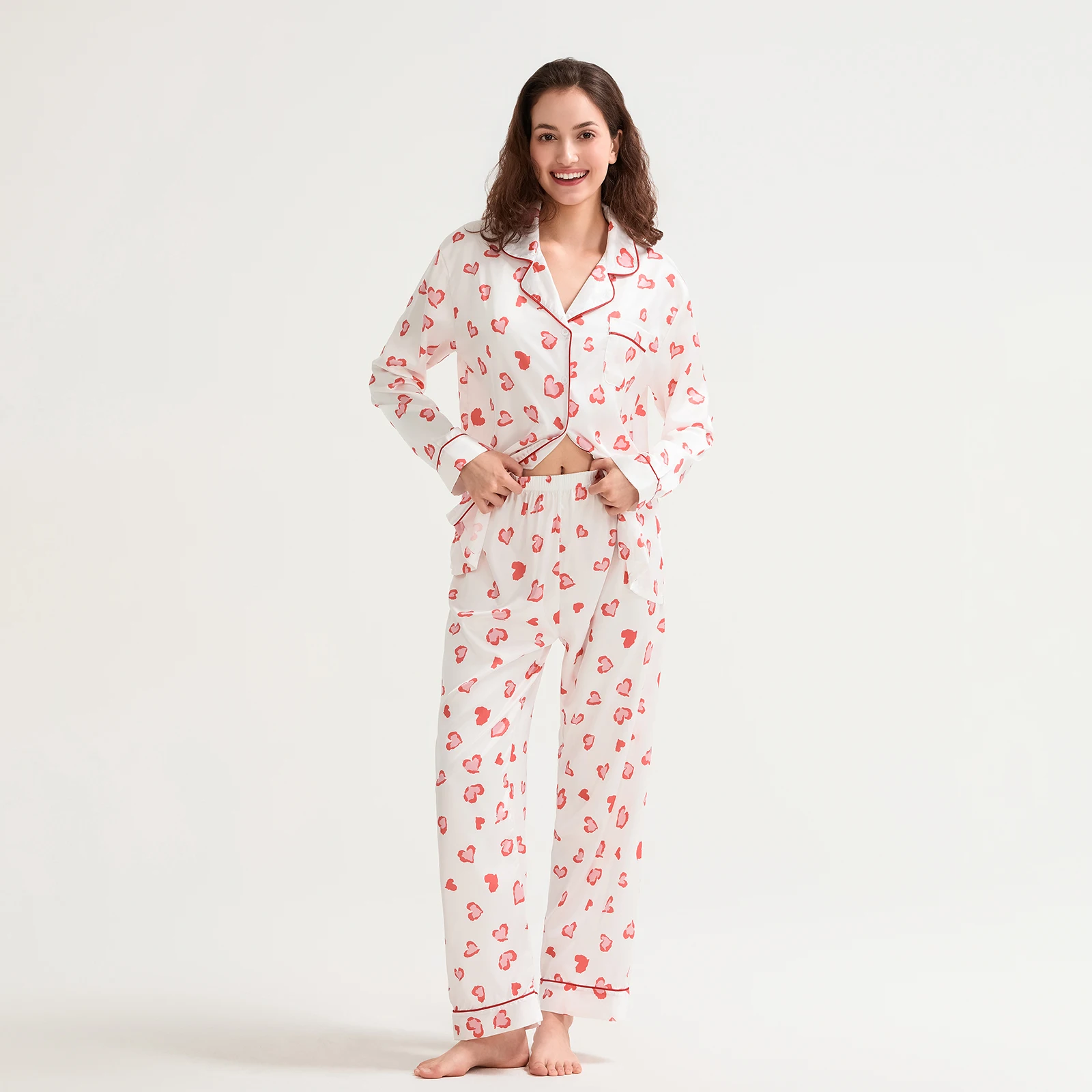 HEZIOWYUN 2-teiliges Pyjama-Set für Damen zum Valentinstag, süßes, langärmliges Hemd mit Herzmuster, Oberteile und Hosen mit elastischem Bund, Loungewear