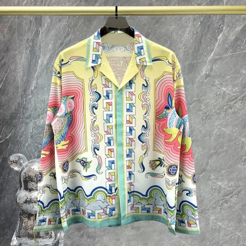 2023 Men Hawaiian Shirt Color Contrast Geometric Pattern Contrasting Colors Print Long Sleeve Shirt Holiday Casual Loose Clothes