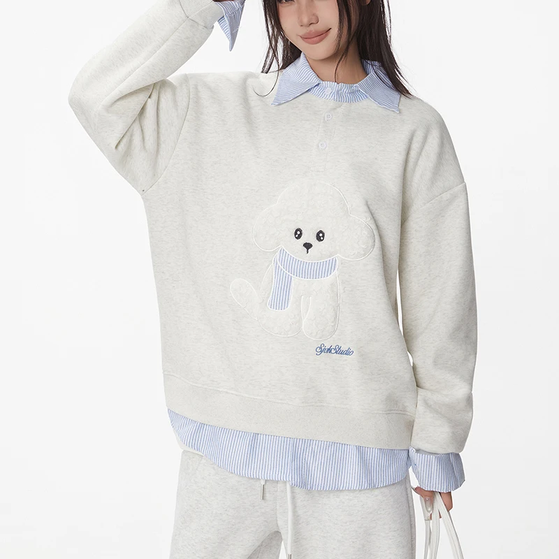 Sudaderas falsas de 2 piezas de manga larga para mujer, jerséis con cuello vuelto y bordado de perro de dibujos animados para mujer, Tops de otoño e invierno 2025
