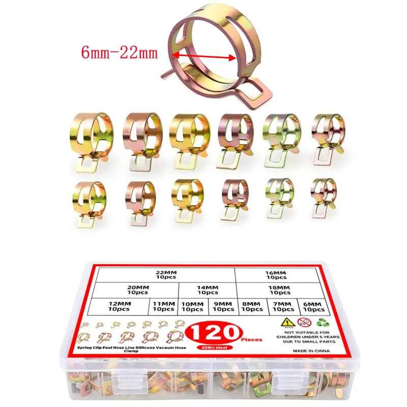 

120pcs 6-22mm Spring Band Type Action Fuel/Silicone Vacuum Hose Pipe Clamp Low Pressure Air Clip Clamp for Plumbing Tubing Pipe