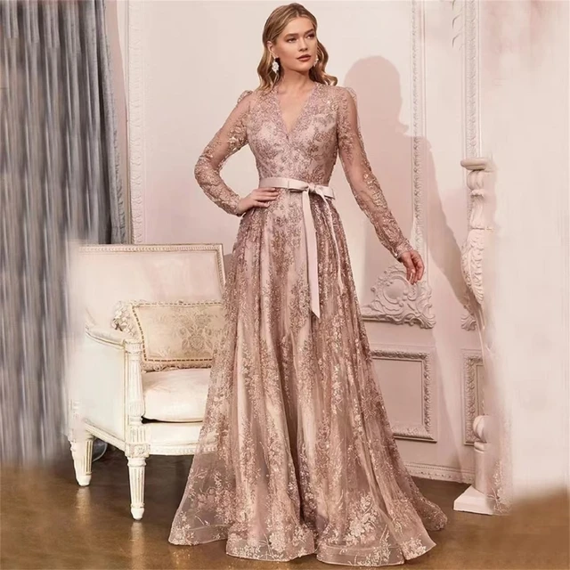 Elegant Rose Gold Bow Belt V Neck Mother of the Bride Dresses Illusion Long Sleeve A Line and Floor Length Banquet Mom Gowns AliExpress