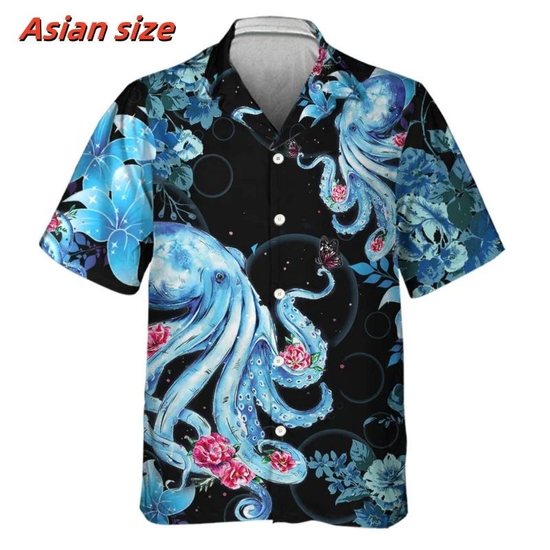 Tentacles Flower Pattern Hawaiian Shirt For Men Marine Life 3D Printed Blouse Summer Loose Short Sleeve Lapel Tops Aloha Shirts