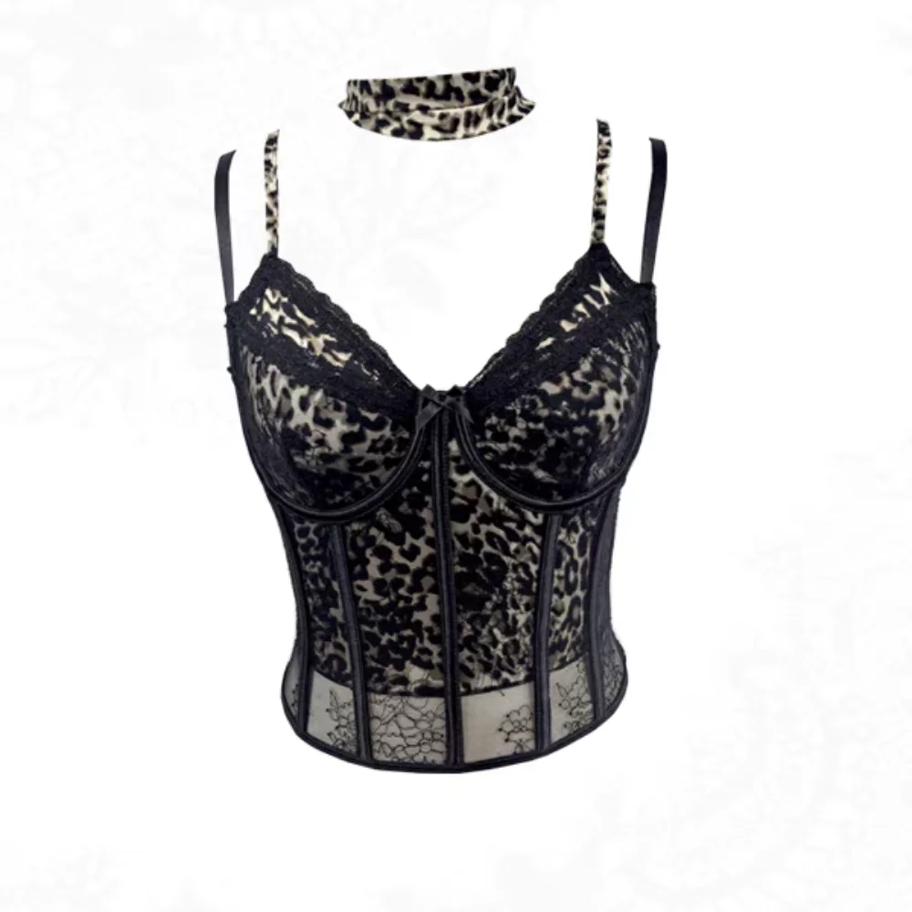 Spicy Girl Style Transparent Leopard Camisole Lace Tank Slim Crop Tops Sleeveless Sweet Leopard Mesh Corset Travel