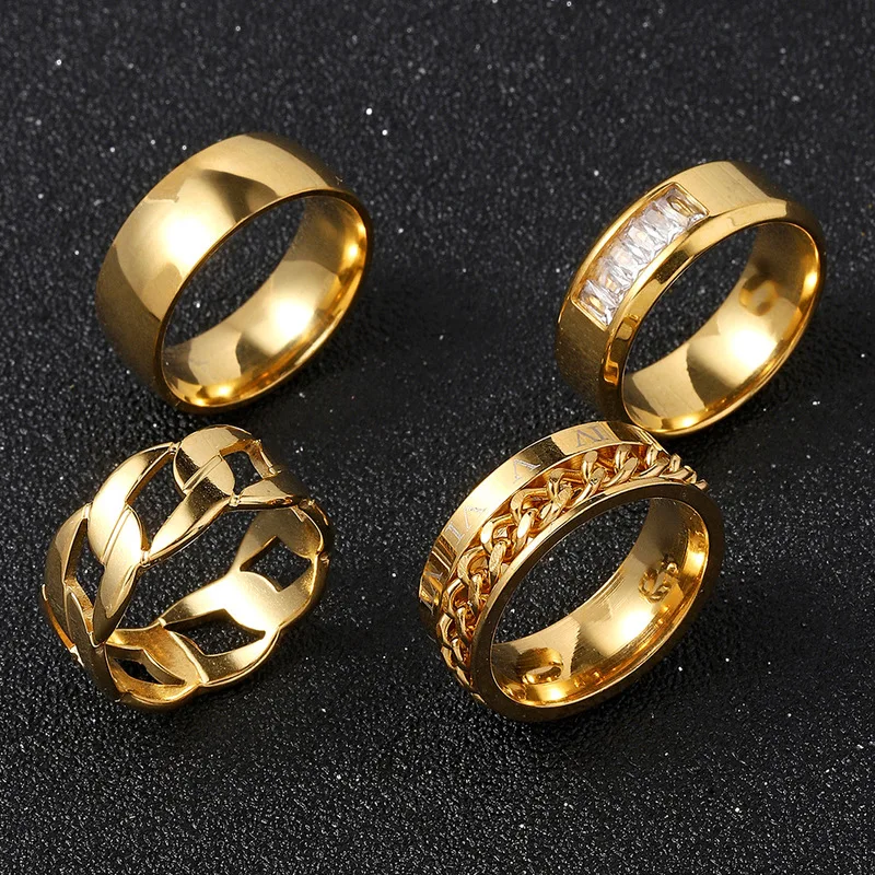 Men Black Stainless Steel Spinner Ring Hollow Chain Roman Number Carved Glossy Wide Band Hip‑Hop Trendy Male Finger Jewelry