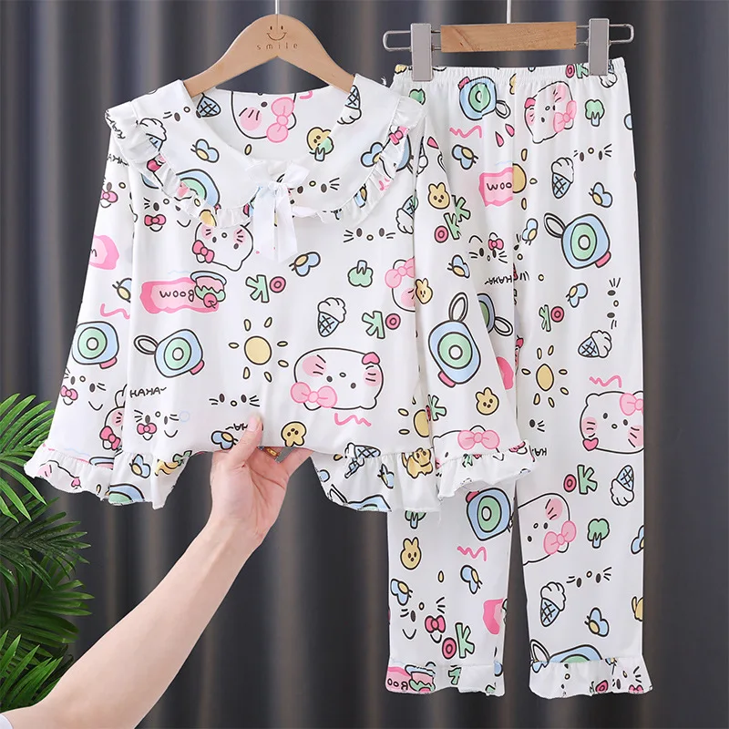 

Детские пижамы для девочек с длинными рукавами и длинными брюками Hello Kitty Kuromi Sanrio, вентилируемые, с воротником-принцессой, для девочек, весна-лето, домашняя одежда