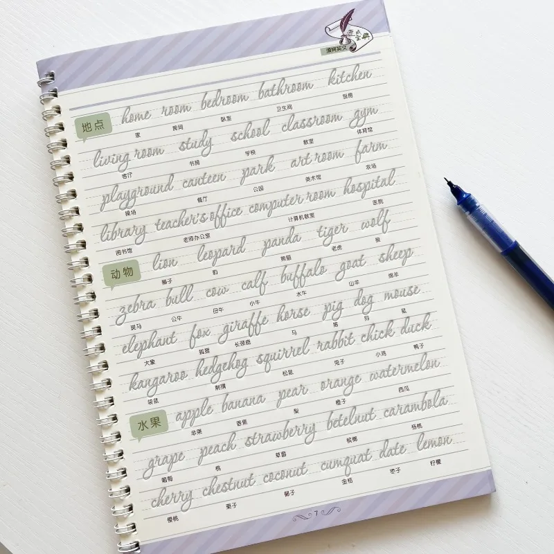 Reusable English Grooved Font Calligraphy Learning Book Letter Word Handwriting Practice CopyBook with Magic Pen