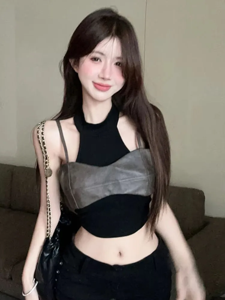 سترة صيفية مثيرة موديل 2025 مكونة من قطعتين سترة نسائية Y2k سترة جمالية مرقعة الجرونج هاراجوكو مقصوصة بقصة ضيقة ​ الدبابات