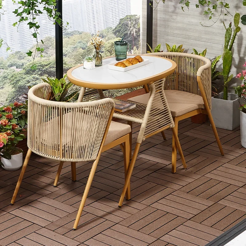 

balcony small tables and chairs outdoor leisure simple waterproof sunscreen rope rattan storage table and chair combination