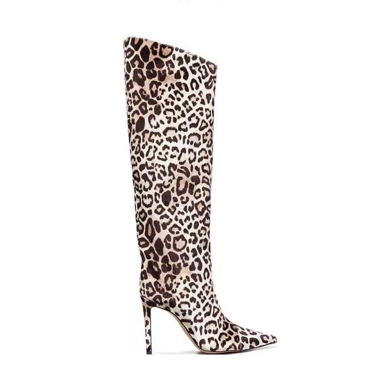 Arden Furtado 2024 Woman's Brown leopard print Suede Knee high boots Pointed toe Slip-on Stilettos heels Modern boots large size