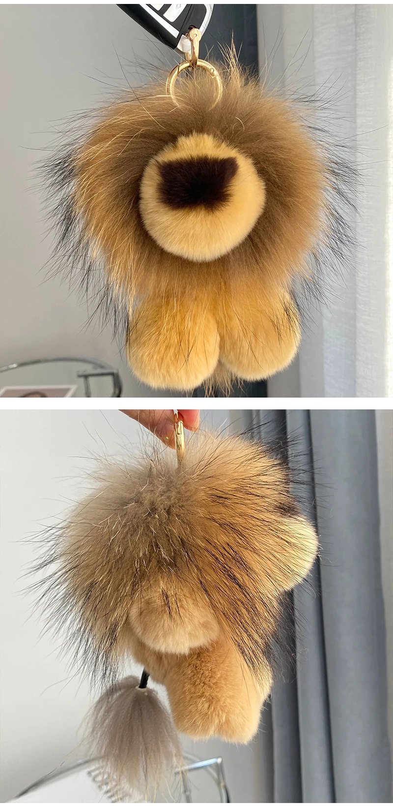 Niedlichen Löwen echte Rex Kaninchen Fell Schlüssel bund Plüschtiere Schmuckstücke Frauen Tasche Ornamente Anhänger Auto Schlüssel ring Rückspiegel Dekoration – Detail 4