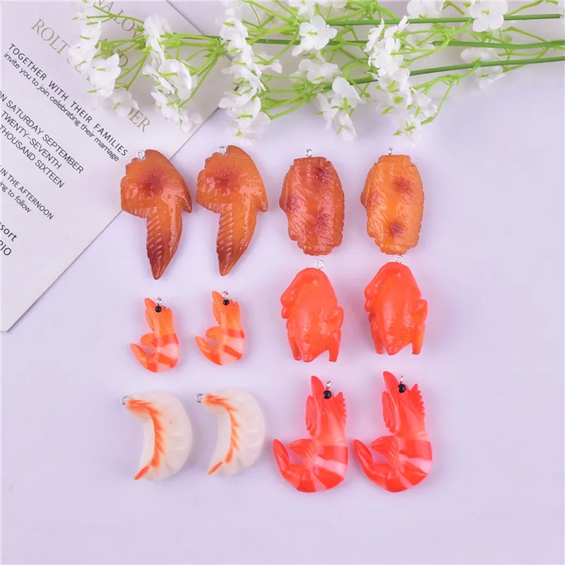 4pcs/pack Funny Miniature Roast Duck Chicken Wings Dumplings and Shrimp Charms Pendant For Jewelry Making Craft DIY