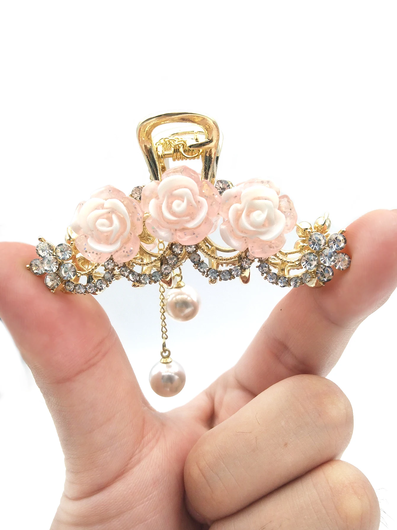 مخالب شعر أنيقة من اللؤلؤ على شكل زهرة كريستالية من Exqusite للنساء والفتيات ، إكسسوارات شعر على شكل ذيل حصان ، أزياء الحفلات ، 1: 1