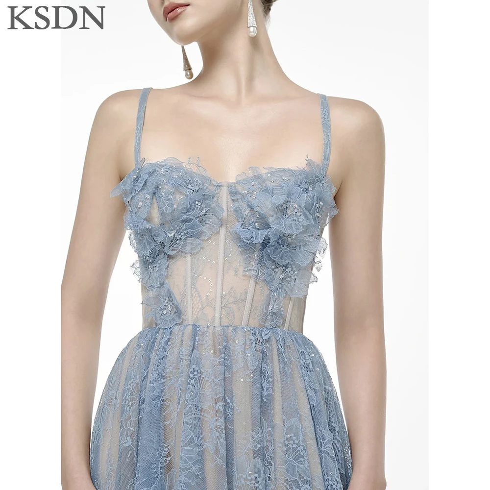 KSDN élégant Spaghetti sangle robes de soirée de luxe dentelle longueur de plancher drapé sans manches robes personnalisé Illusion robe robes